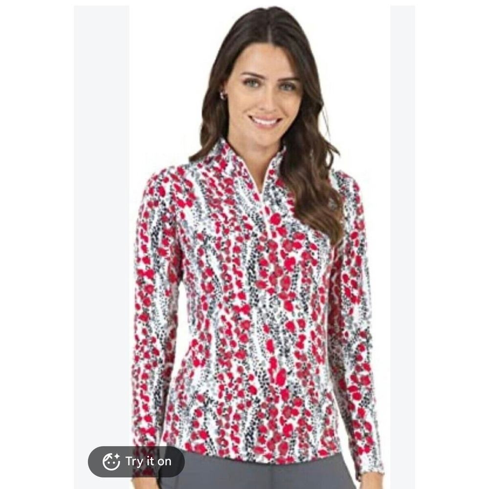 IBKUL Kamila Red Black Abstract Sun Shirt UPF 50+ Quarter Zip Golf Top Medium